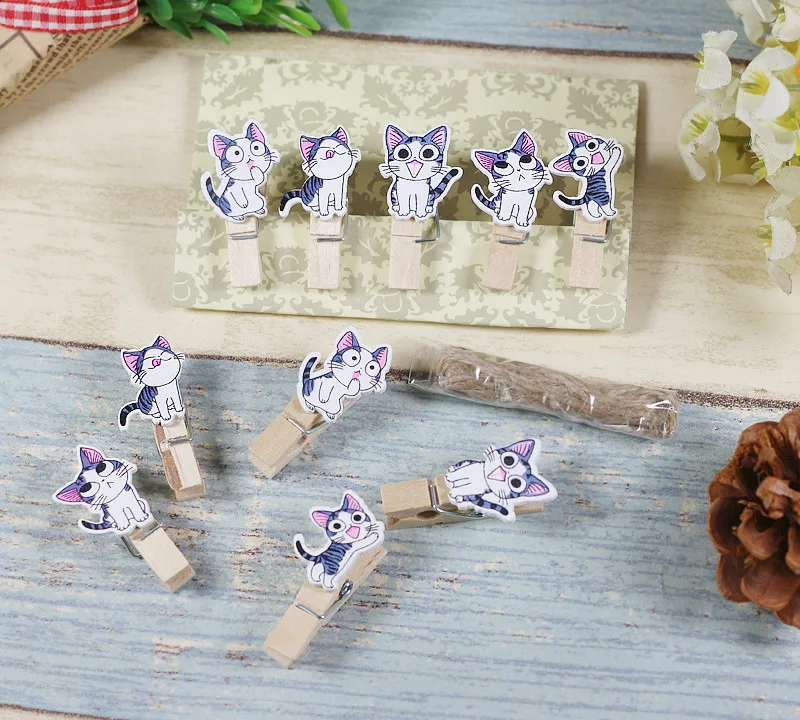 

10 Pcs/lot Cartoon Cat Wooden Paper Clip Bookmark for Photo Album with Rope Message Card Clip Stationery School Office Supplies