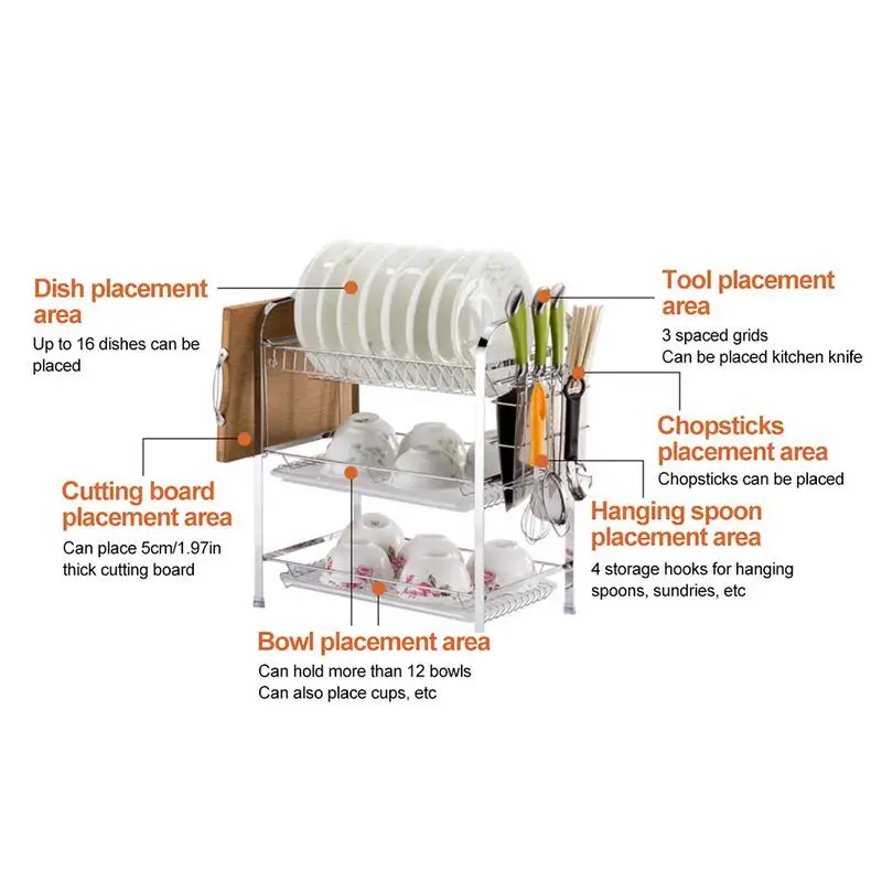 Многофункциональный стеллаж для хранения сушилка для посуды 3-х уровневая Хромированная Подставка-сушилка для посуды Кухня для хранения инструментов с столовые приборы: чашки блюдо стеллажи для выставки товаров