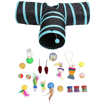 

20 Cat Toys Kitten Toys Assortments, 2 Way Tunnel, Cat Feather Teaser - Wand Interactive Feather Toy Fluffy Mouse, Crinkle Bal