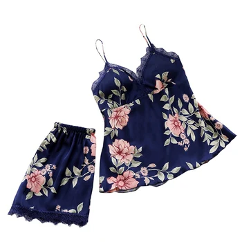 

2019 Ice Silk 2 Piece Paint Pajamas Sets Women Sexy Lace Patchwork Pajamas Sleepwear Sleeveless V-neck Camis + Shorts Nightwear