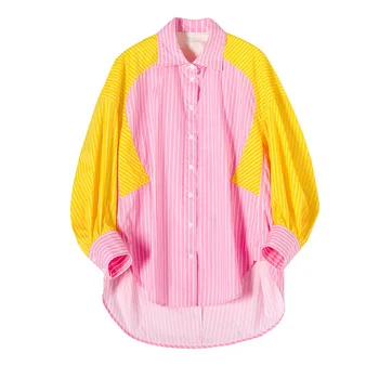 

2019 New Fashion Contrast Color Patchwork Striped Shirt For Women Females Long Sleeve Irregular Blouse