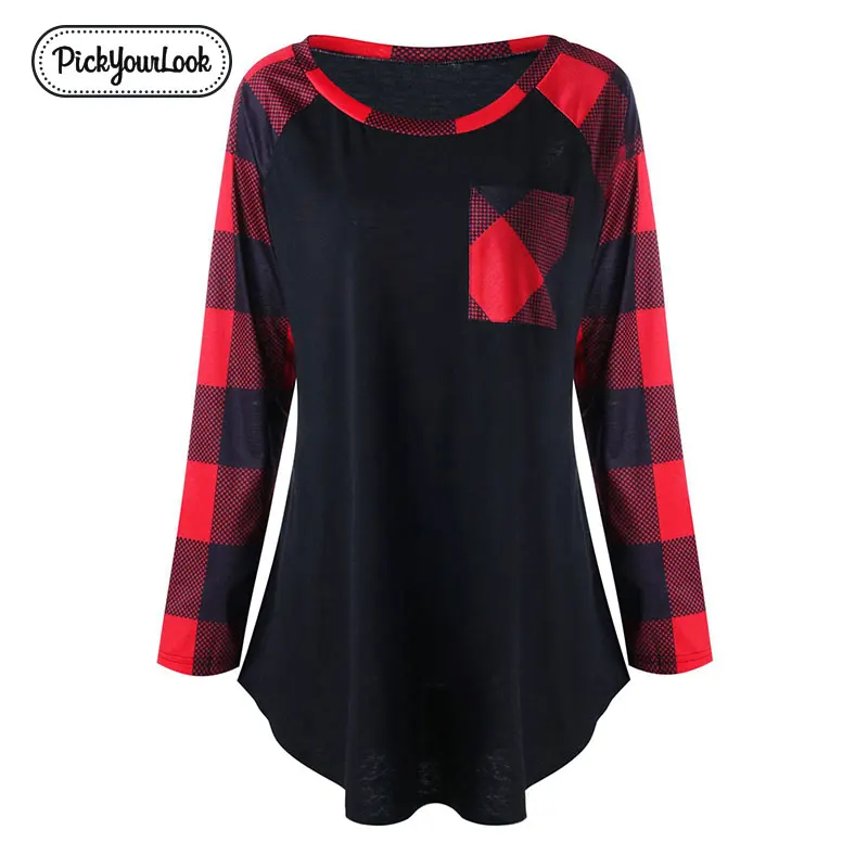 

Pickyourlook Women Plaid Long Tees Long Sleeve Autumn Plus Size Lady Tops Patchwork Casual Female T Shirt Women T-Shirt Femme