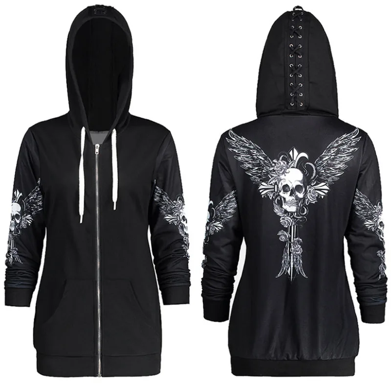 Women Skull Wings Print Halloween Hoodie 2019 Spring Long Sleeve Zip Up Sweatshirt Coat Streetwear Women Cool Black Hoodie Tops