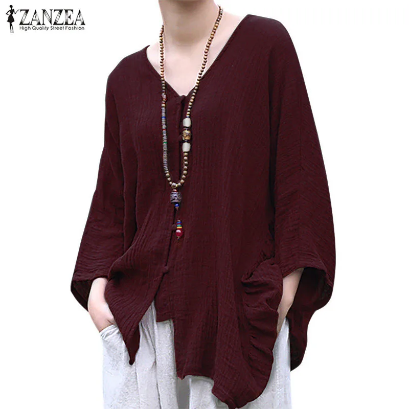 

2019 Plus Size ZANZEA Spring Women Casual Solid O Neck Long Sleeve Vintage Cotton Linen Elegant Work OL Loose Blouse Tops Shirt