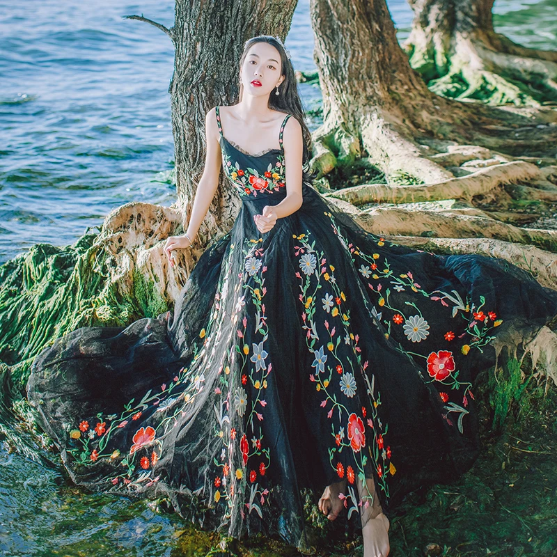 

New Black Floral Embroidery Vest Dress Summer Sexy Slim Mesh Spaghetti Strap Dress All-match Female Long Dress Women Clothing