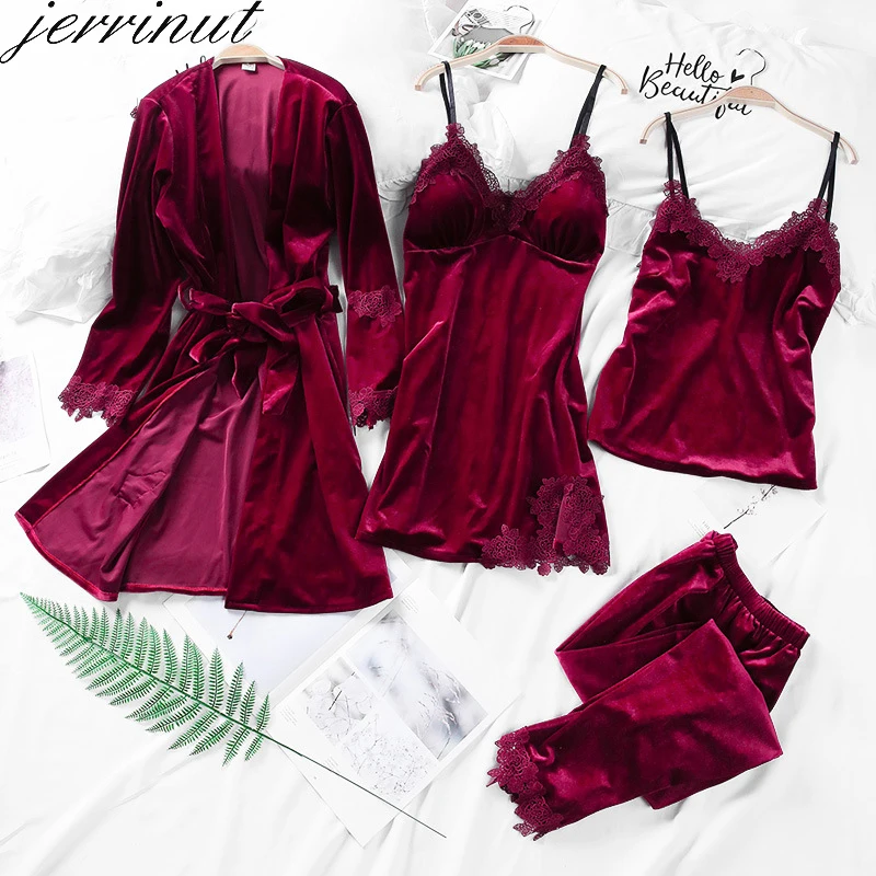 Jerrinut 4PCS Gold Velvet Pyjamas Set Women Nightdress Sleepwear Sexy Lace Pajamas Sleepwear Long Sleeve Nightgown Home Suit