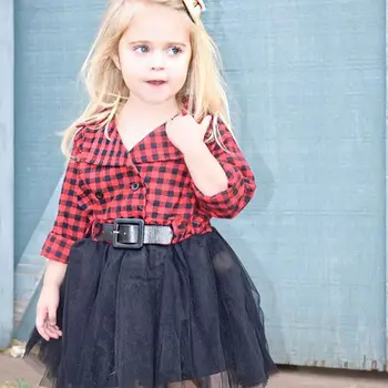 

Baby Autumn and Winter New Fashion Cute Girl Korean Princess Plaid Suit Dress Waistband Stitching Net Sand Red Black Dress