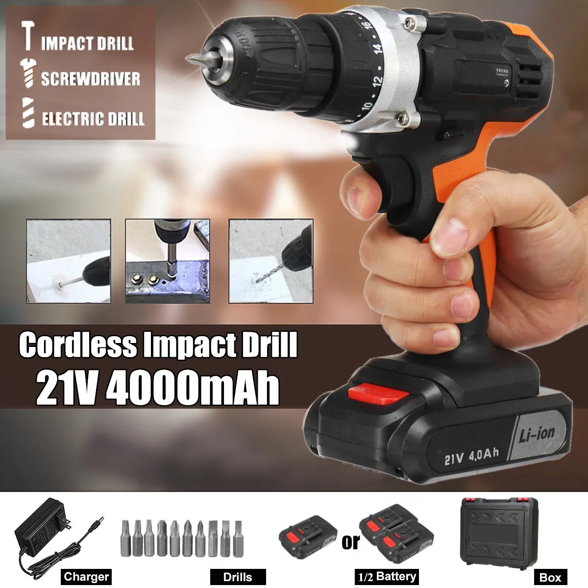 

21V Two Speed Lithium Battery Rechargeable Cordless Drill Multi-function Impact Electric Drill Electric Cordless Screwdriver
