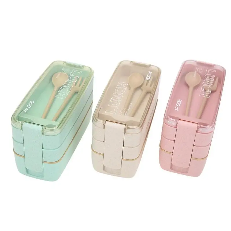 

900ml Lunch Box 3 Layer Wheat Straw Bento Boxes Microwave Dinnerware Eco-friendly Food Storage Container Lunchbox