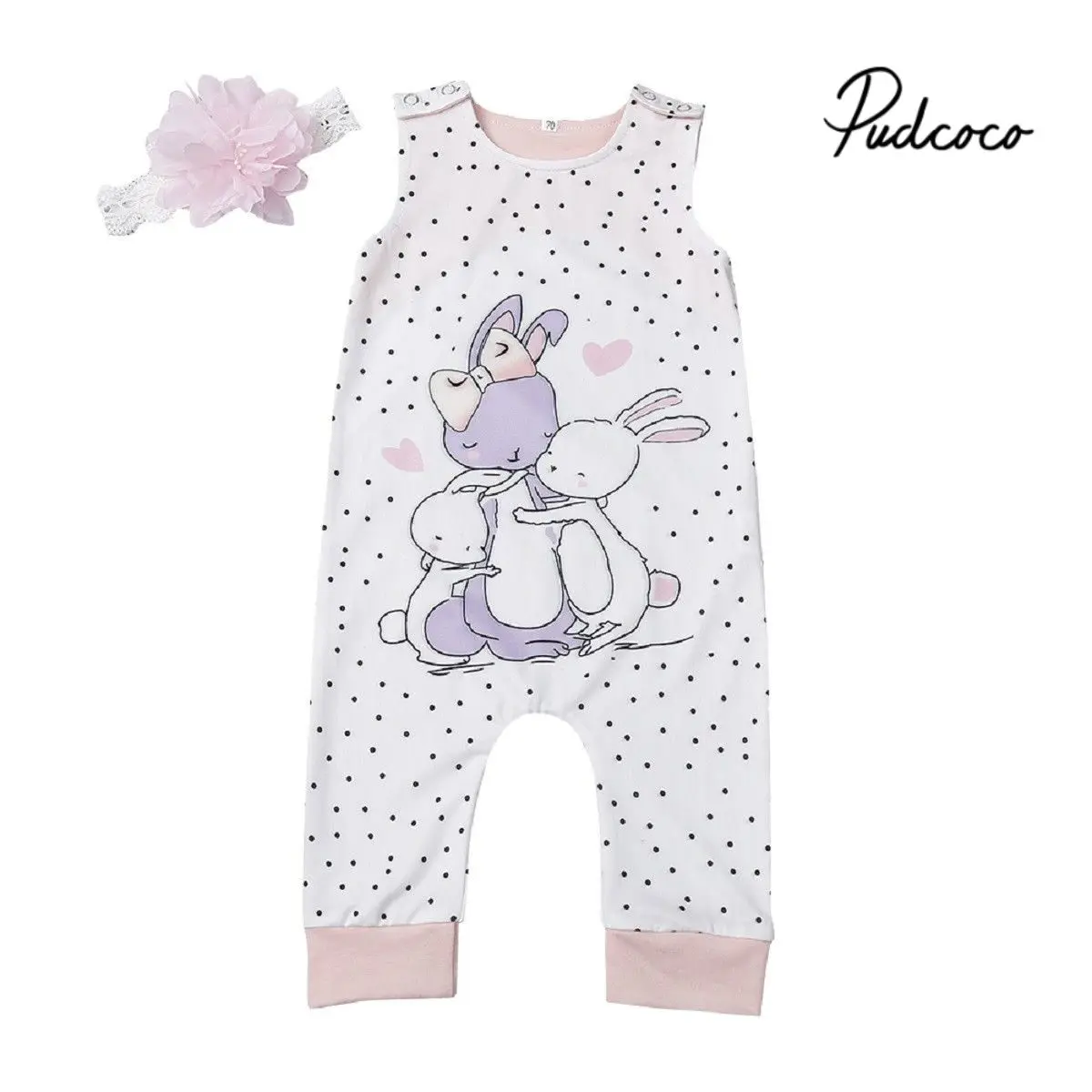 

Easter 0-2 Years baby girls love 2019 spring children Rompers soft Rabbit Decor Dot Sleeveless Jumpsuit for kids Costumes 2Pcs