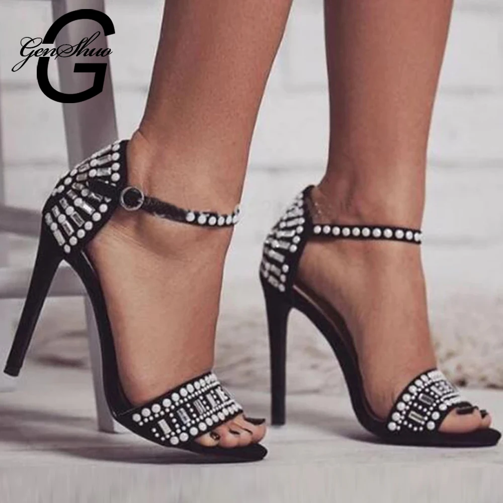 

GENSHUO 2019 Summer New Rome Style Vintage Crystal Open Toe Ankle Strap High Heels Round Toe Women's Shoes Sandalia Mujer Zapato