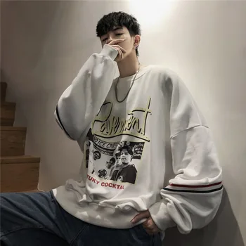 

Men's Capless Sweatshirt Spring New Style Loose Can Hide The Ribbon Decoration Cotton Round Neck Personality Boys Pullover Teen