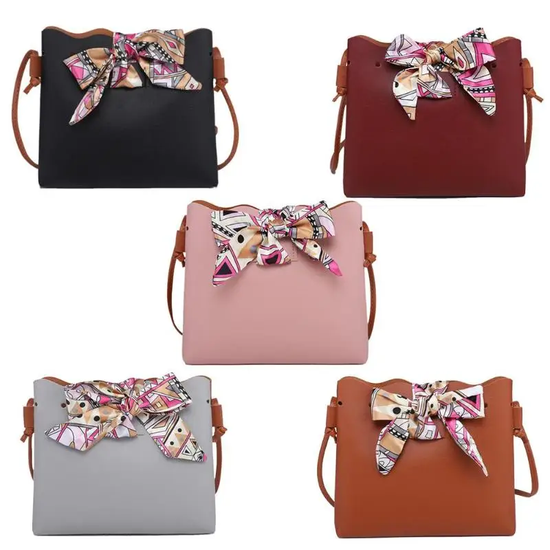 

Women Bowknot Shoulder Handbags PU Leather Crossbody Messenger Bucket Bag
