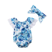 Pudcoco Toddler Newborn Kid Baby Girls Clothes Set Floral Lace Jumpsuit Bodysuit + Bow Knot Headband Outfit stylish bow embellished tiny floral pattern light blue headband for girls