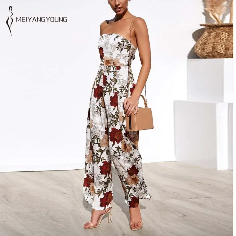 

MEIYANGYOUNG Bohemian Floral Print Jumpsuit Summer High Split Wide Leg Pant Backless Bow Long Bodysuit Elegant Overalls Women