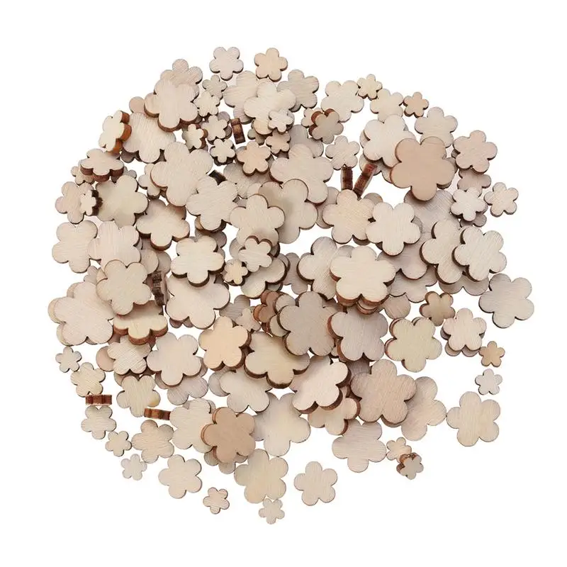 

100pcs Mixed Size Wooden Pieces Cute Flower Shaped Manual Accessories Wood Ornament Carvings Craft Embellishments for DIY