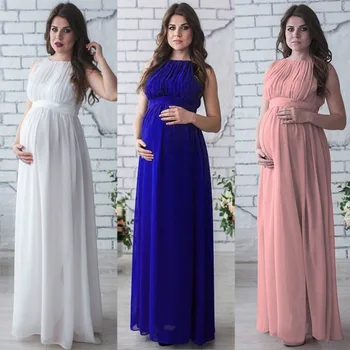 

Solid Color Sleeveless Maternity Dresses Round Neck Pregnant Woman Chiffon Dress New Summer Pregnancy Long Dress