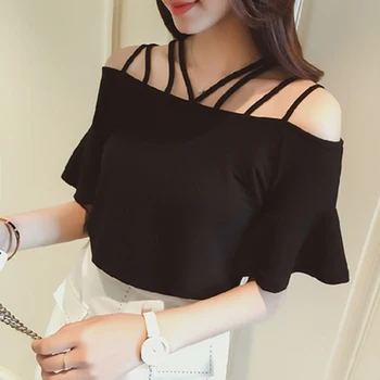 

XUXI Sexy Shoulder Sling Women T-shirt 2019 New Long Sleeve Crop Top Cotton Solid Color Short Top Summer TShirt For Women FZ618