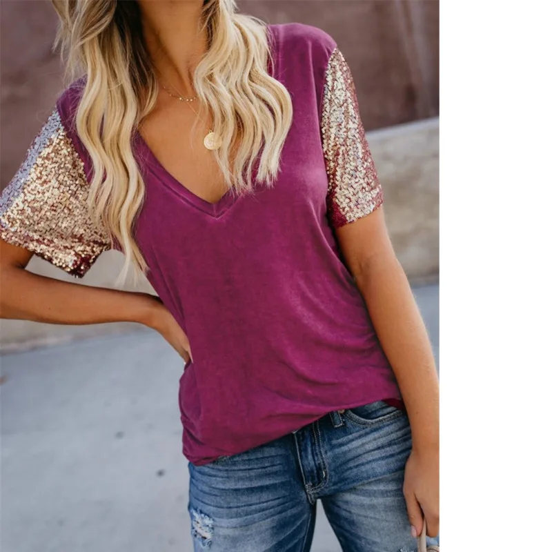 

Summer Leisure V Collar Loose Blouse Bead Slice Splicing Short Sleeve Shirt Blusas Cheap-Clothes-China Femininas Ey*