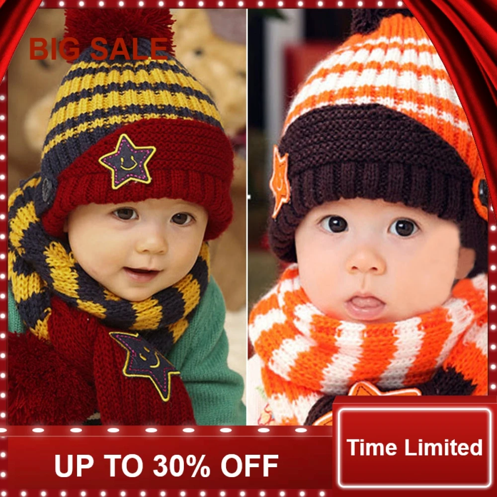 Baby Hat Caps 2017 Hot A Hat For A Boy Girl Cap Scarf Sets Star Cartton Knitted Collar Winter 