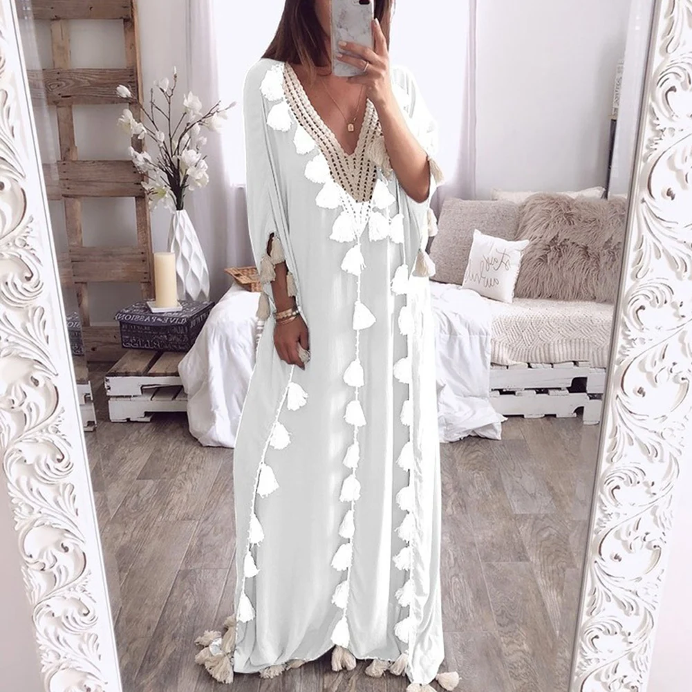 Женское Макси платье большого размера Boho летнее пляжное повседневное длинное с v