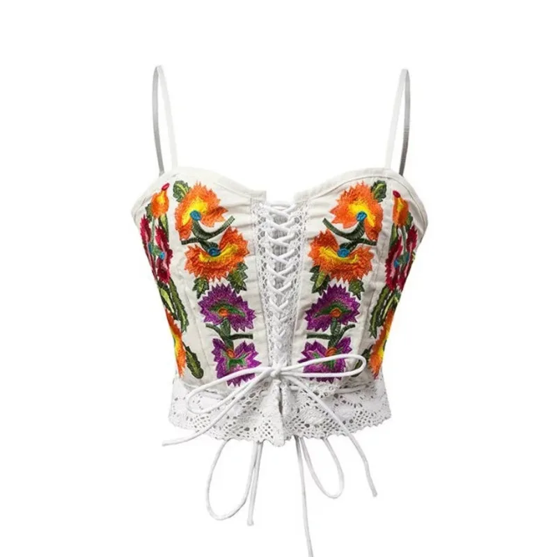 

Women 's Tank Tops 2019 New Beach Boho Chic Embroidery Hollow Out Casual Short Woman T Shirts Female Backless White Crop Top