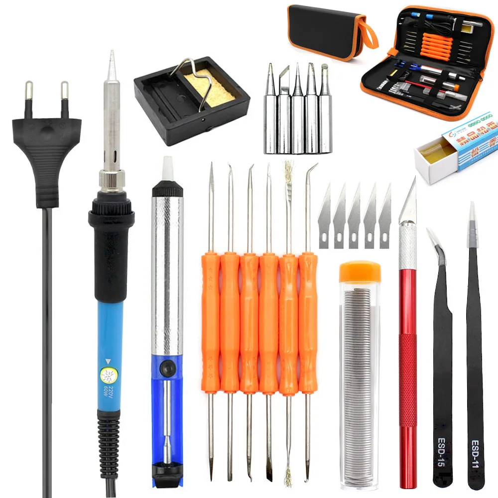 

Fashion Eu Plug 220V 60W Adjustable Temperature Electric Soldering Iron Kit+5Pcs Tips Portable Welding Repair Tool Tweezers Ho