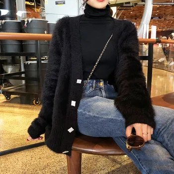 

2019 Imitate Mink Long V Lead Cardigan Loose Coat Woman Casual Jacket