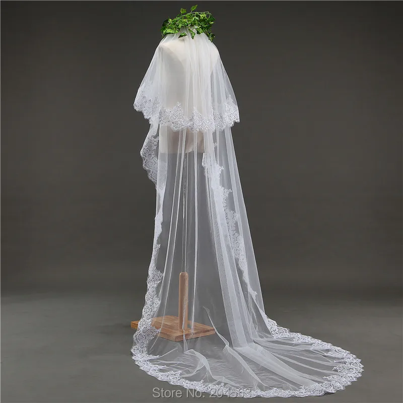 

White or Ivory Cathedral Veil Two Layer Wedding Veils Lace Tulle Veil for Bride with Comb HL2019