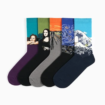 

PEONFLY 5pairs/lot Funny Pattern Combed Cotton Men Socks Oil Painting Casual Crew Socks Business Dress Wedding Socks Gifts