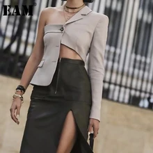 [EAM] Новинка, осенне-зимняя куртка с отворотом, длинным рукавом, необычным вырезом и вырезом, Женская куртка, модное пальто JS707