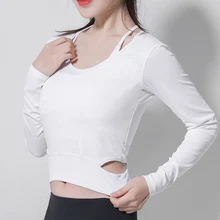 BINAND Women Sexy Hollow Backless V-neck Yoga Shirts Solid Lycra Breathable Elastic Long Sleeves Outdoor Gym Fitness Sports Tops