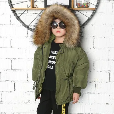  Boys Winter Jacket Fashion Army Green Baby Girls Down Coat Hooded Fur Collar Thick Windbeaker Parka