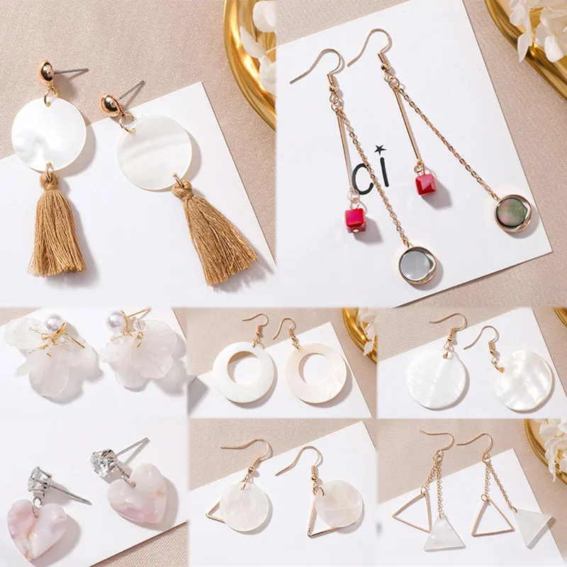 

Sale Sweet White Asymmetric Shell Round Earrings For Women Korean Simple Shell Flower Tassel Earring Geometry Jewelry