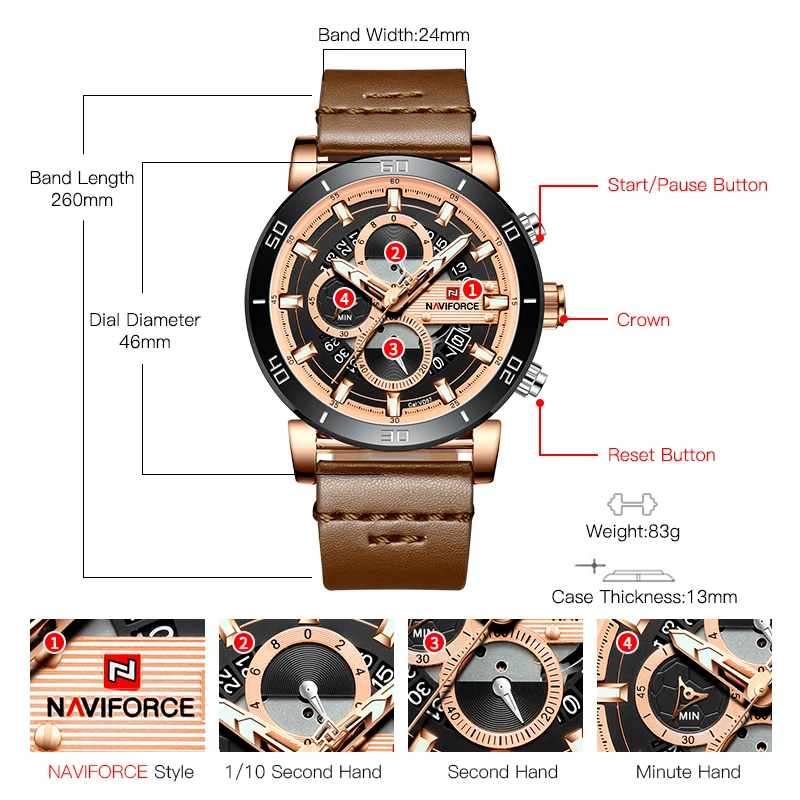 Оригинальные мужские спортивные часы NAVIFORCE водонепроницаемые аналоговые