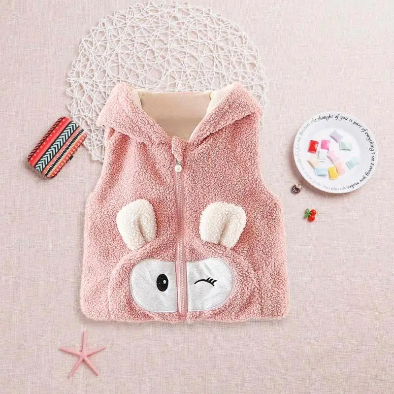 Autumn Baby Girls Vests Children Hooded Fleece Zipper Cartoon Waistcoat