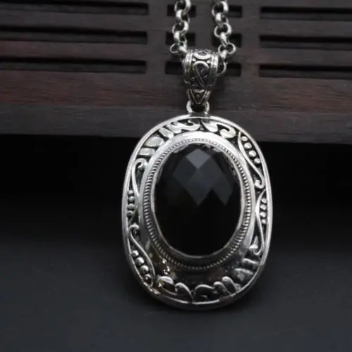

Solid 925 Sterling Silver Pendant Big Black Agate Oval Pendant