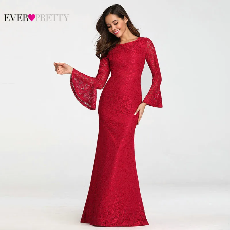 

Ever Pretty Muslim Evening Dresses Long Elegant Full Lace Red Long Sleeve Cheap Formal Prom Gowns EZ07798 Abendkleider 2020