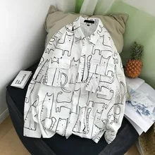 2019 Spring And Summer New Fashion Ins Kitten Cartoon Pattern Doodle Thin Long Sleeve Male Hot Shirt streetwear Free shipping