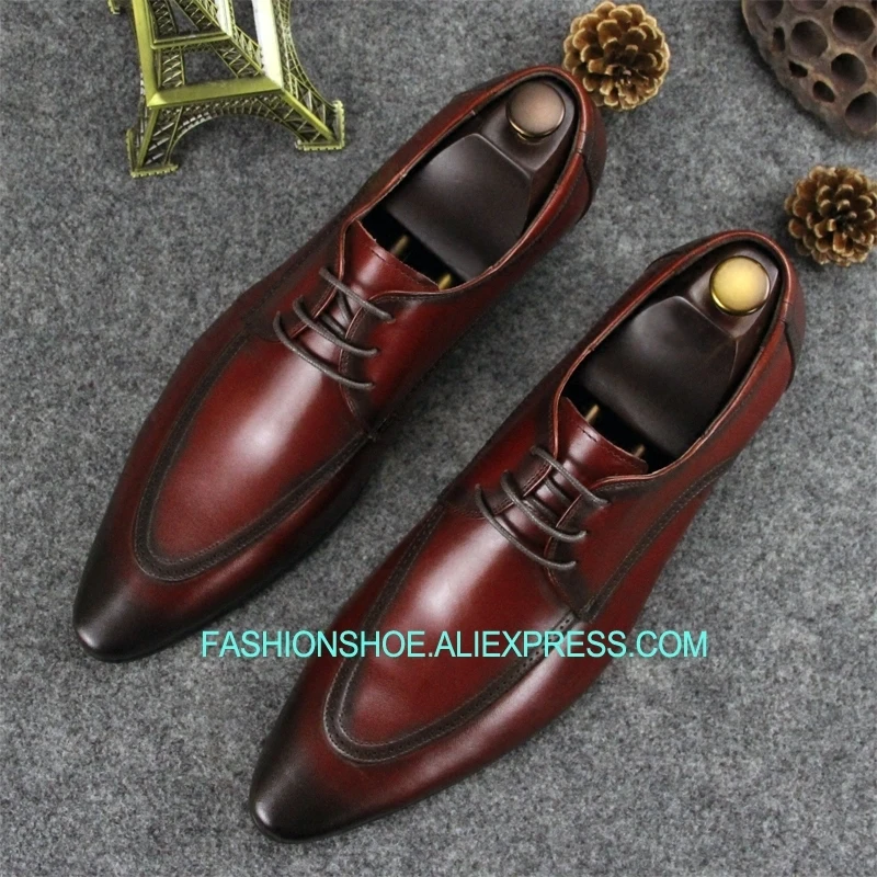 

2018 Spring New Hot Wine Red Black Formal Business Shoes Flat heel Real leather Mens Dress Shoe