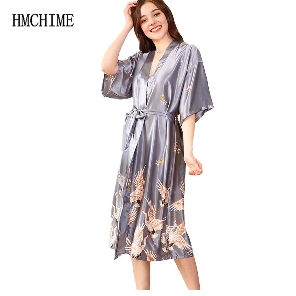 Plus Size Imitation Silk Women Robes Printing Night Lingerie Female