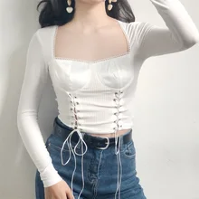 Женский укороченный топ с квадратным вырезом и бюстгальтером и корсетом, сексуальная укороченная футболка