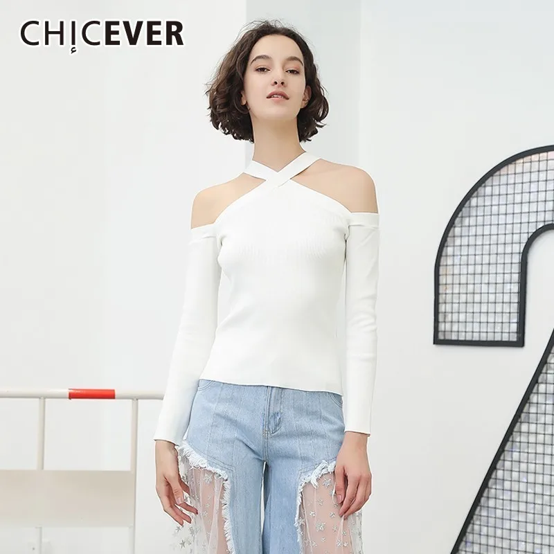 CHICEVER осенние женские футболки с открытыми плечами Топы длинным рукавом тонкие