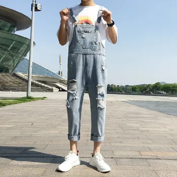

2019 Korean Men Casual Classic Blue Holes Cowboy Straight Salopettes Trousers Denim Slim Fit Jeans Camisole Pants Homme M-2XL