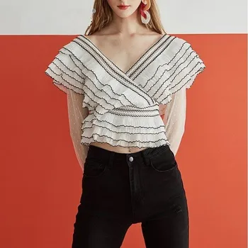 

2019 Summer Women Striped Mesh Blouse Casual V Neck Long Sleeve Shirts New Patchwork Ruffles Flare Sleeve Tops