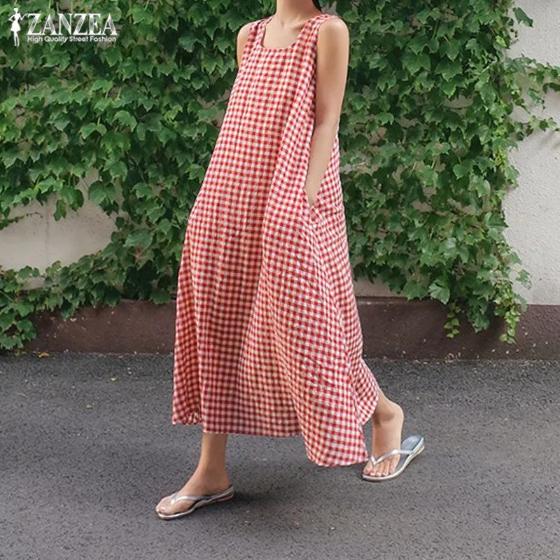 

Women's Sundress ZANZEA 2019 Femme Check Summer Dress Kaftan Maxi Dresses Female Sleeveless Party Vestidos Kaftan Robe Oversized