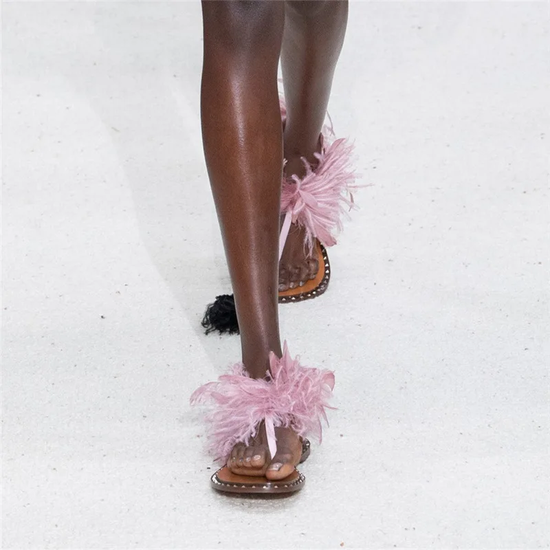 

2019 Summer Feather Sandals Switch toe For Woman Flat with Shoes in Solid Color Casual Ladies Shoe Size 34-43 Slip on