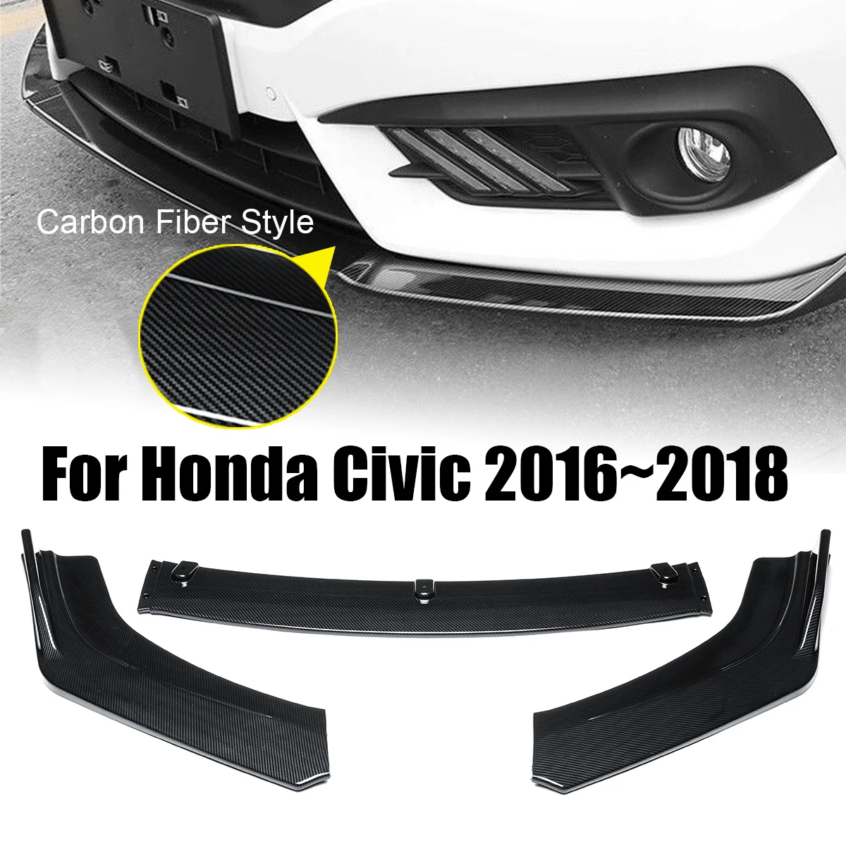 

3PCs ABS Carbon Fiber Style Front Bumper Cover Lip Front Spoiler For Honda For Civic 2016~2018 Splitters Air Vent Cover Trim