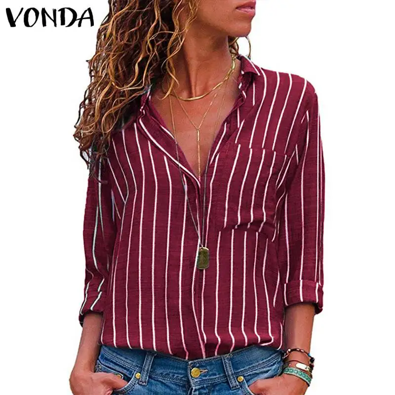

2019 VONDA Summer Autumn Casual Stripe Blouse Women OL Office Loose Tops Long Sleeve Loose Blusas Pockets Blusa Plus Size Shirts