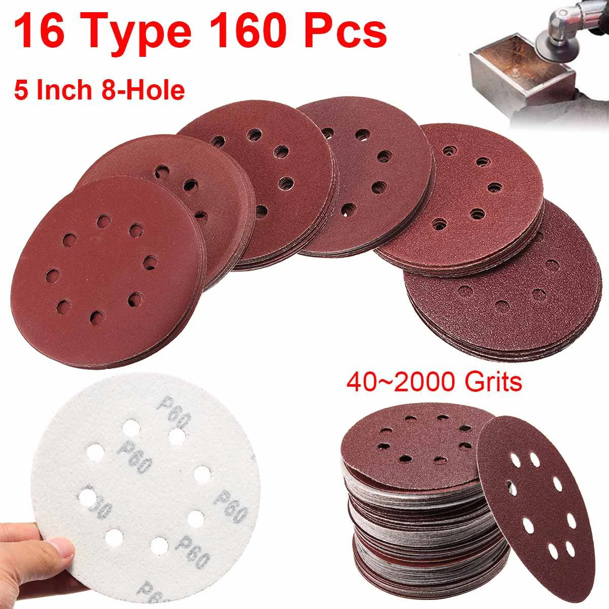 Buy 160Pcs 5 Inch 8 Hole Hook Loop Sanding Discs 40